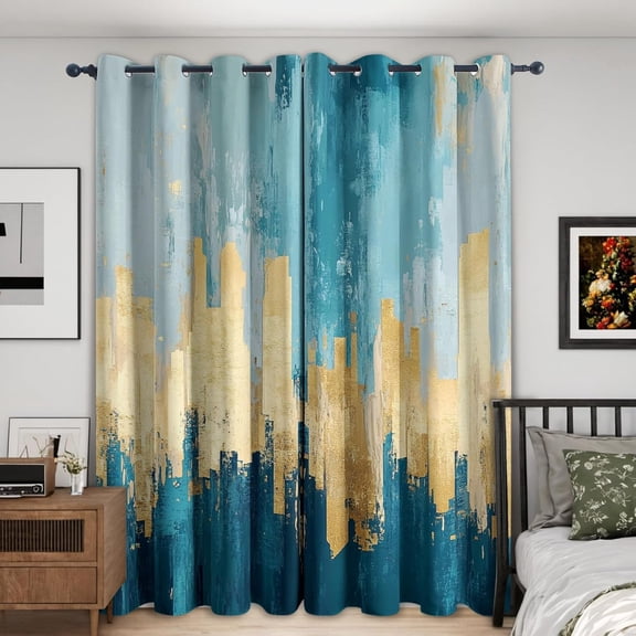 Teal And Gold Abstract Curtains Oil Painting Pattern, Teal And Gold Abstract Decor For Living Room Bedroom, Thermal & Darkening Grommet Drapes 42"W x 90"L