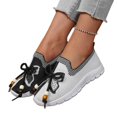 thumbnail image 2 of Domuza Women Color Block Jacquard Knit Slip On Walking Shoes, Beaded Bow Decor Breathable Mesh Lightweight Non Slip Casual Sneakers for Daily Commuting Shopping Black 6.5（EU-37）, 2 of 6