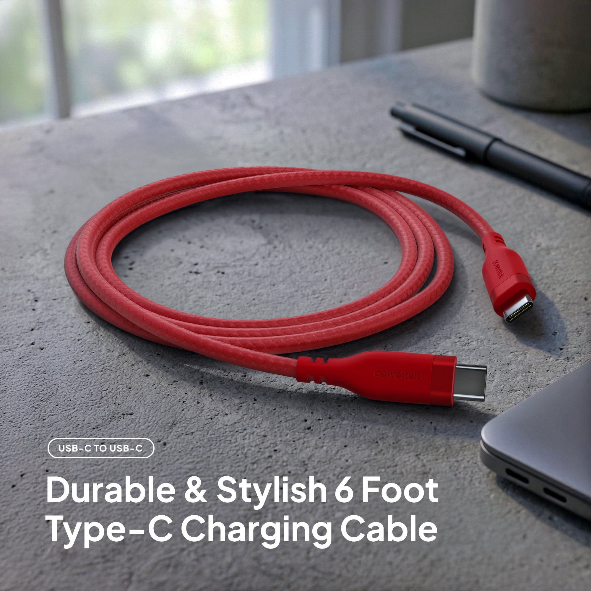 Powertek USB-C to USB-C Fast Charging Cable, 60W, 6 ft, Carbon Design Texture, Red