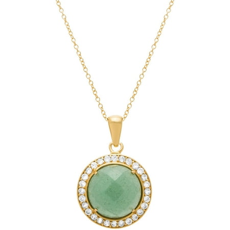 Lesa Michele Cubic Zirconia Sterling Silver Round Faceted Green Aventurine Halo Pendant