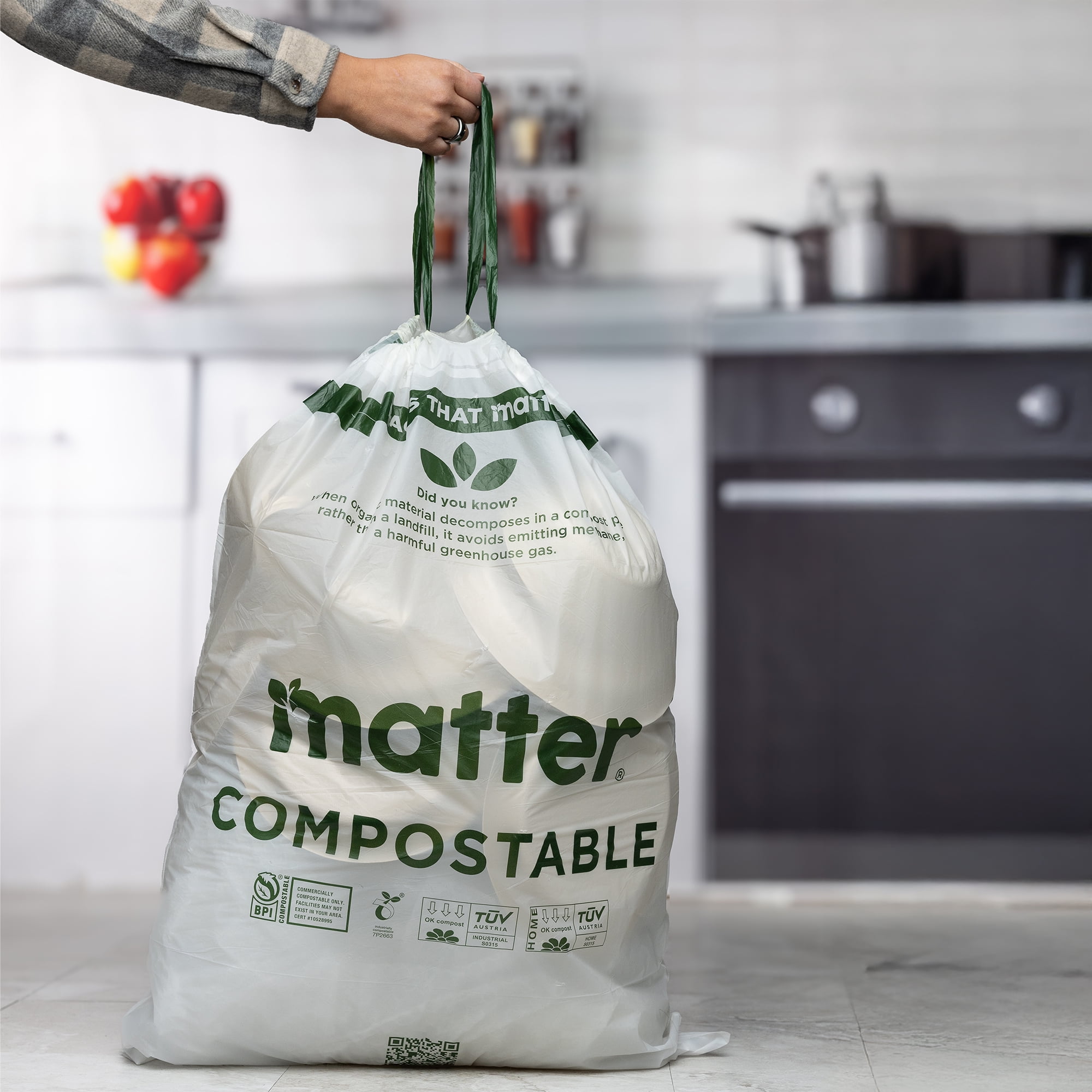 (4 pack) Matter Compostable 13-Gallon Tall Kitchen Trash Bags with Drawstring, 20 Count