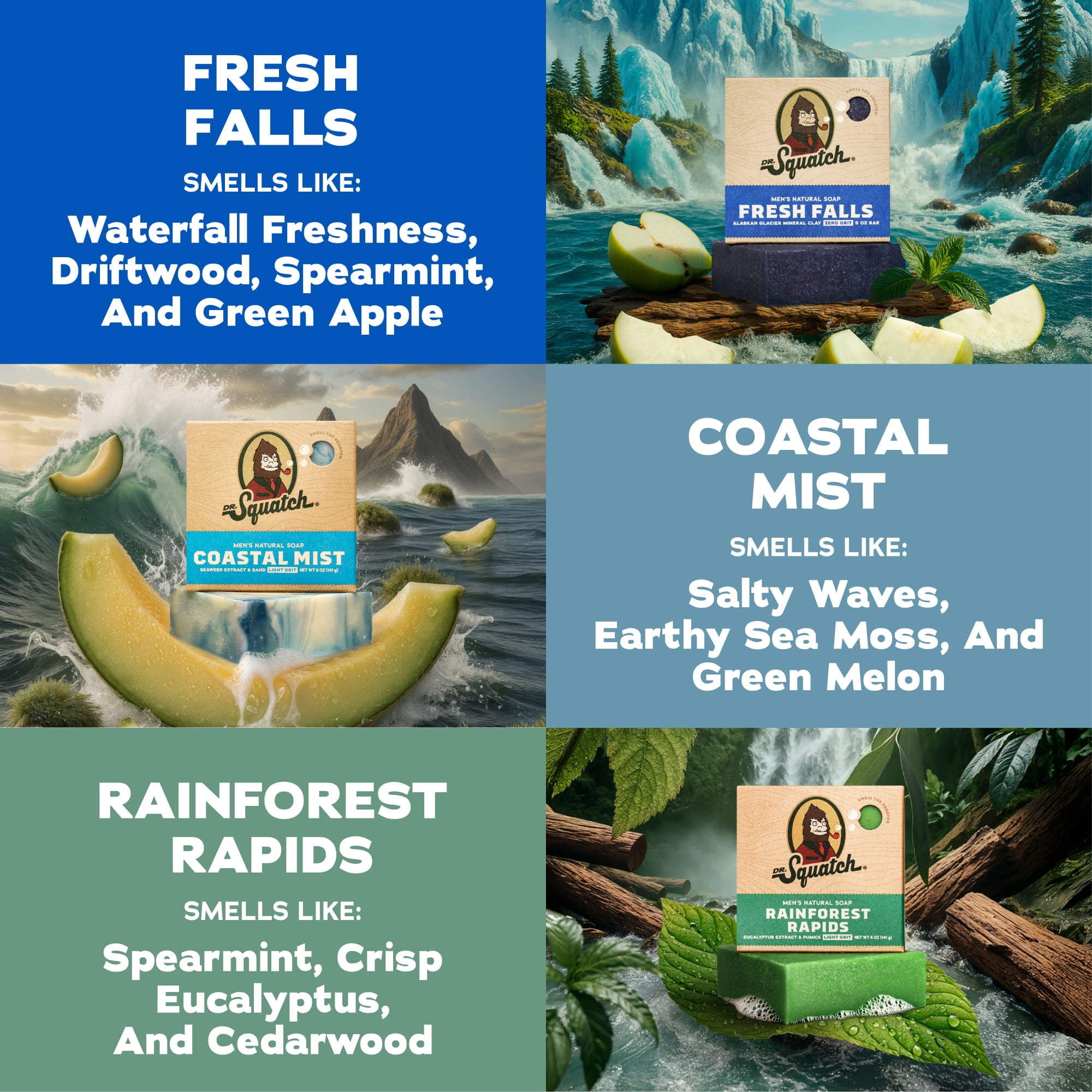 Dr. Squatch Men's Soap, Natural Bar Soap for Men, Cold Process, Gifts for Men, Fresh Falls, Coastal Mist, Rainforest Rapids, 5 oz, 3-Pack