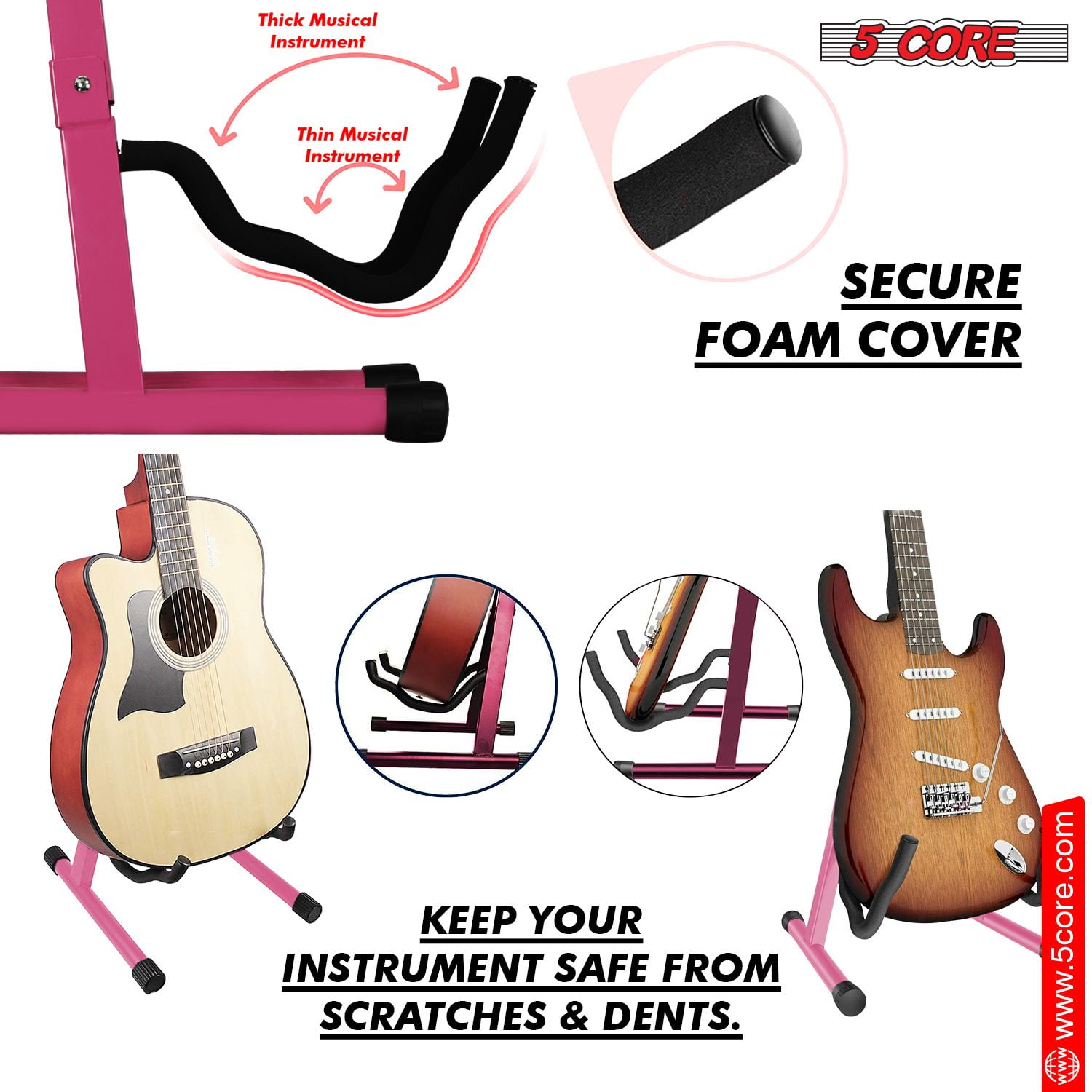 Double Guitar Stand Floor 2Pcs Adjustable Heavy Duty A Frame Universal Folding Acoustic Electric Bass Mandolin Banjo Violin Holder Stands For On Stage Studio - Pink 2PCS