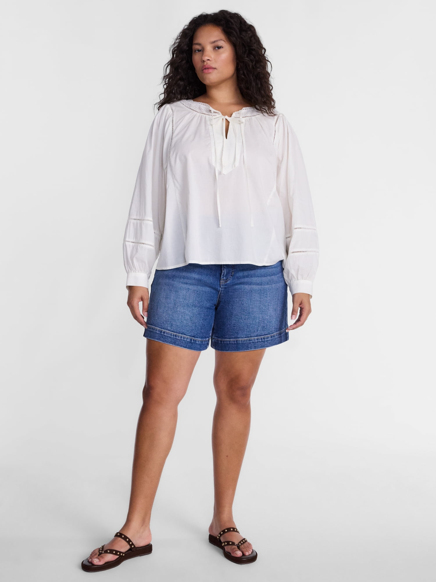 Terra & Sky Women's Plus Tie Front Geo Eyelet Cotton Blouse with Long Sleeves, Sizes 0X-5X