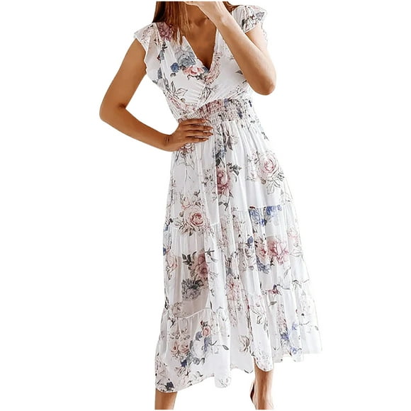 Womens Summer Dresses Casual Bohemian V-neck Ruffles Floral Printed Long Maxi Dress Ladies Short Sleeve Beach Dresses