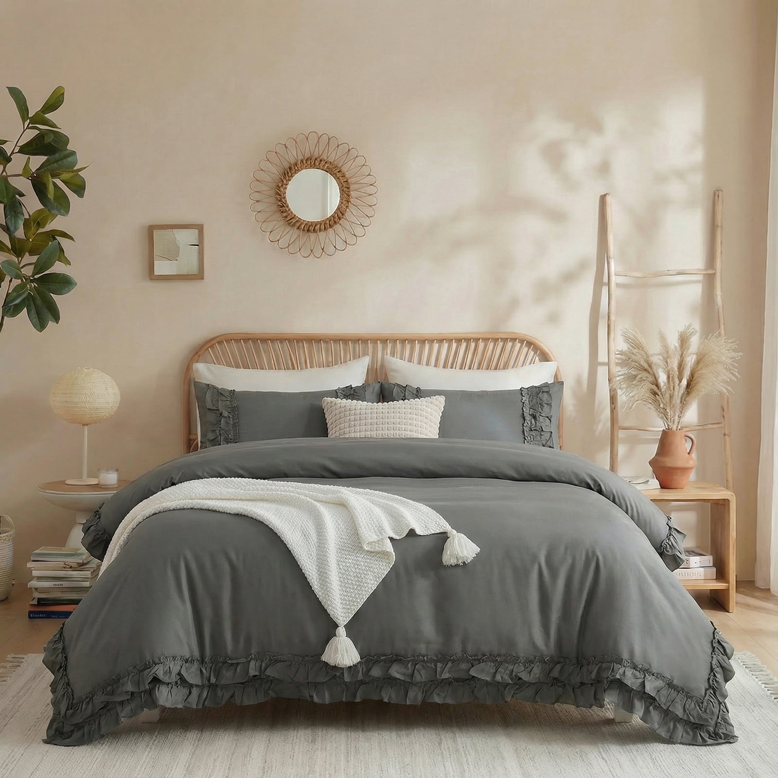100% Cotton Ruffled Comforter Set Queen, White Shabby Chic Farmhouse Bedding Set French Country Cute Comforter Set