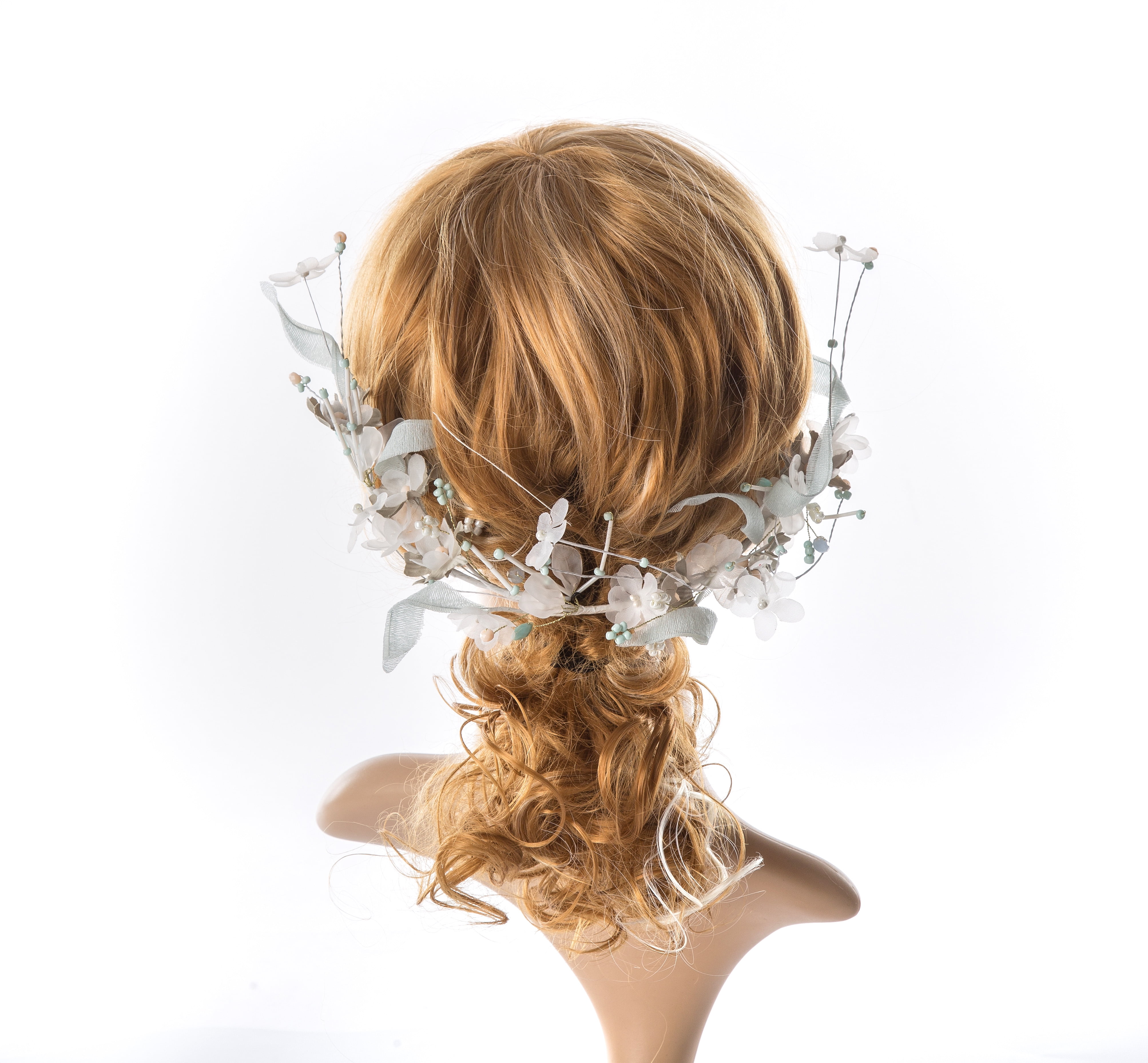 Flower Crystal Bead Floral Hair Bun Ring Garland Scrunchie 