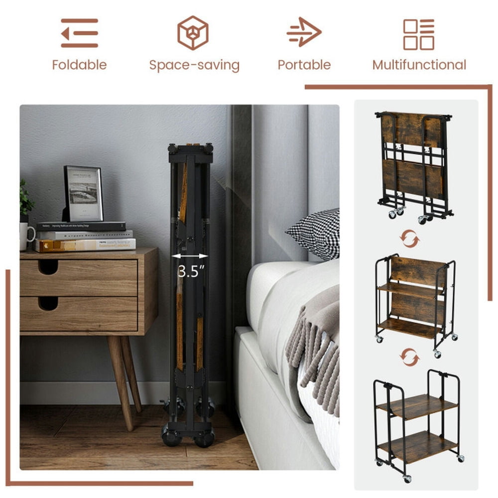 Finihen Rolling Cart, Kitchen Island Cart, Folding Rolling Cart with Metal Frame-2-Tier, for Kitchen, Dining Room, Rustic brown Finihen Rolling Cart, Kitchen Island Cart, Folding Rolling Cart with Metal Frame-2-Tier, for Kitchen, Dining Room, Rustic brown