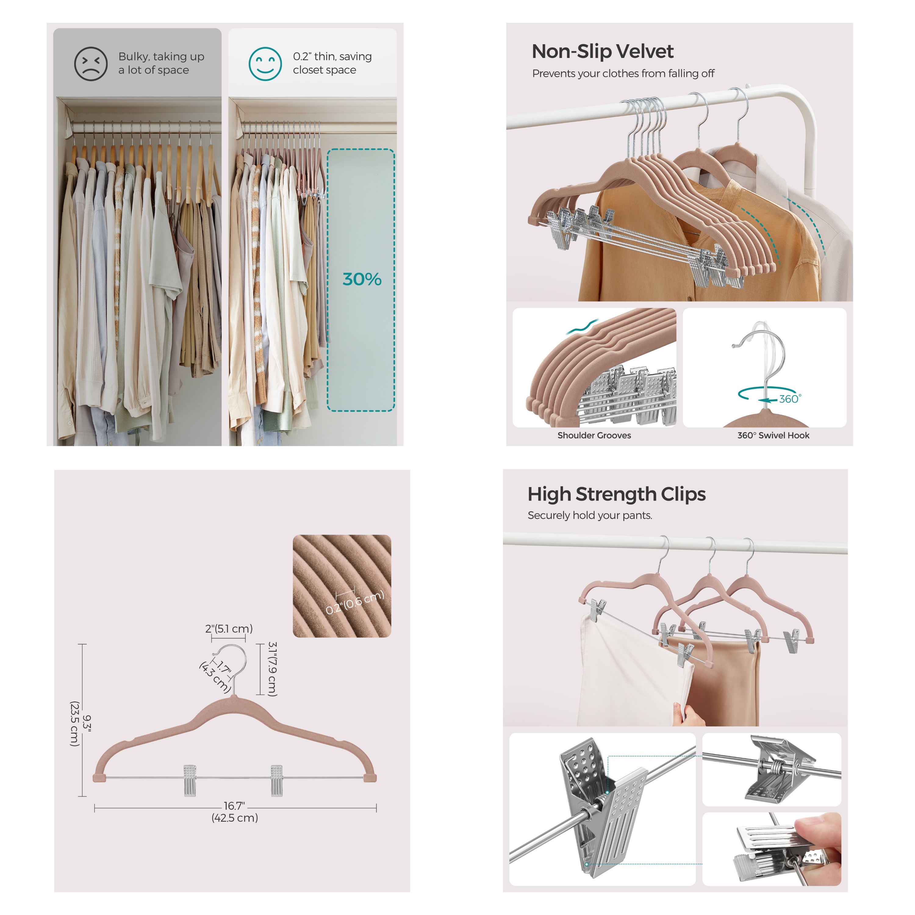 Ledrem 30-pack Brown Velvet Pants Hangers with Adjustable Clips, Space-Saving for Skirts, Coats, Dresses