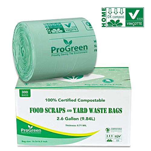 ProGreen 100 Compostable Bags 2.6 Gallon, 300 Count, Extra Thick 0.71