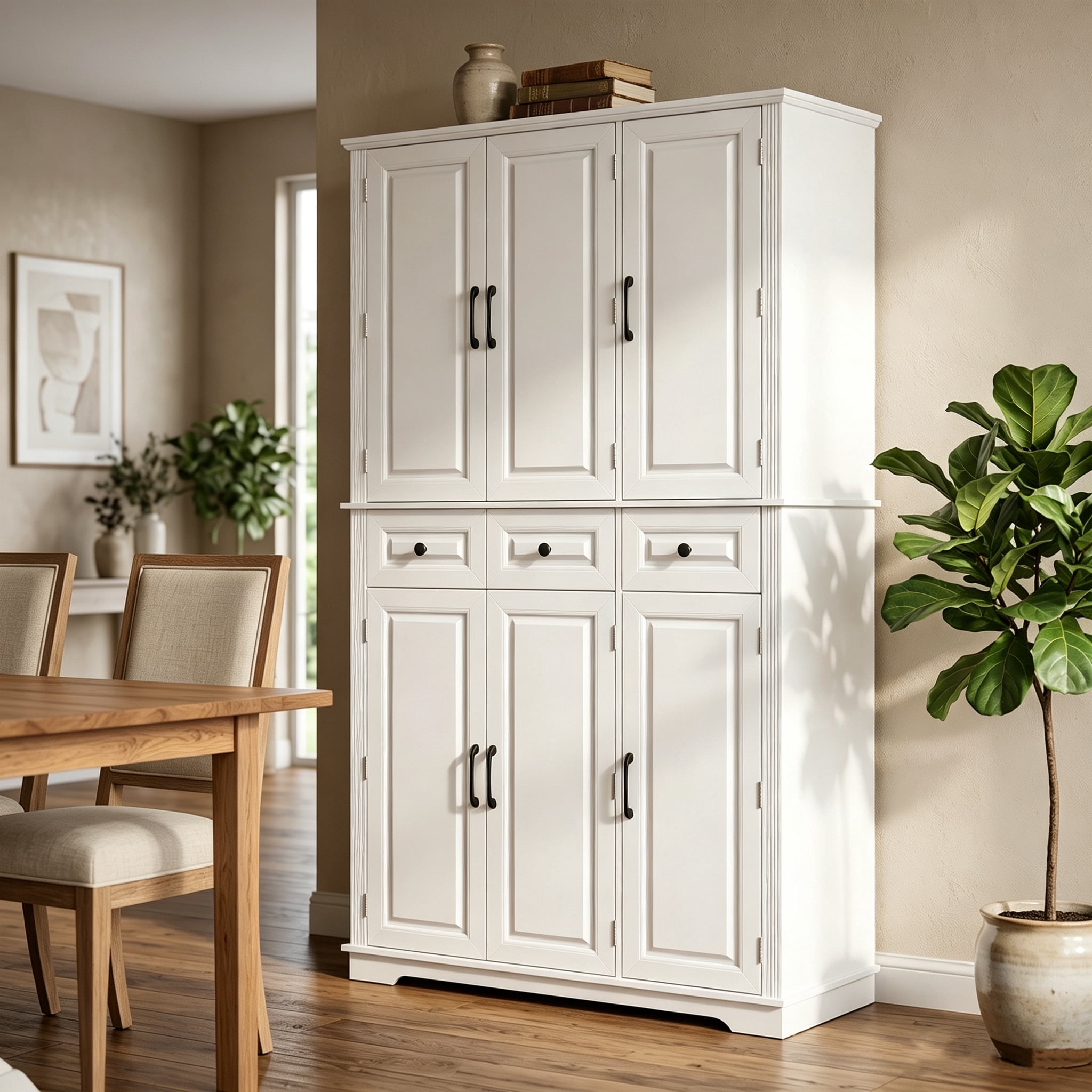 Euroco 72" Tall Kitchen Pantry Cabinet, Farmhouse Embossed Texture Cupboard Buffet with 3 Pull Out Tray, 6 Door Racks and 3 Drawers, Freestanding Storage Cabinet for Dining Room,White