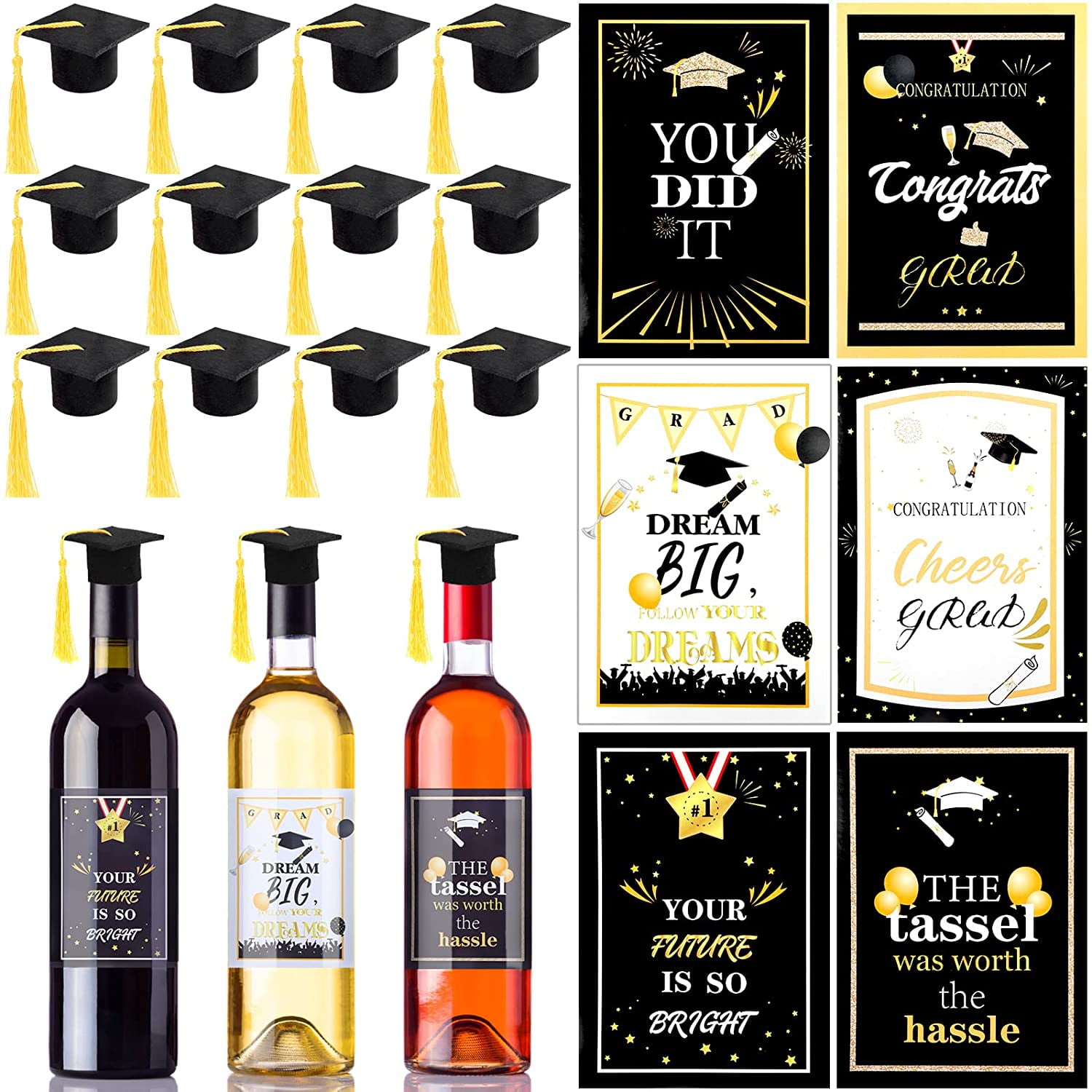 24 Pieces Graduation Wine Label and 12 Pieces Mini Graduation Caps,2022 Grad Beer Bottle Labels Stickers Drink Bottle Toppers with Tassels for ...