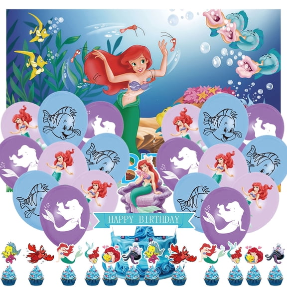 32 Pcs For Ariel Movie Theme Birthday Party Decoration Set,Includes 5*3ft Birthday Backdrop,13 Cupcake Toppers,and 18 Balloons Party Supplies for Celebrations