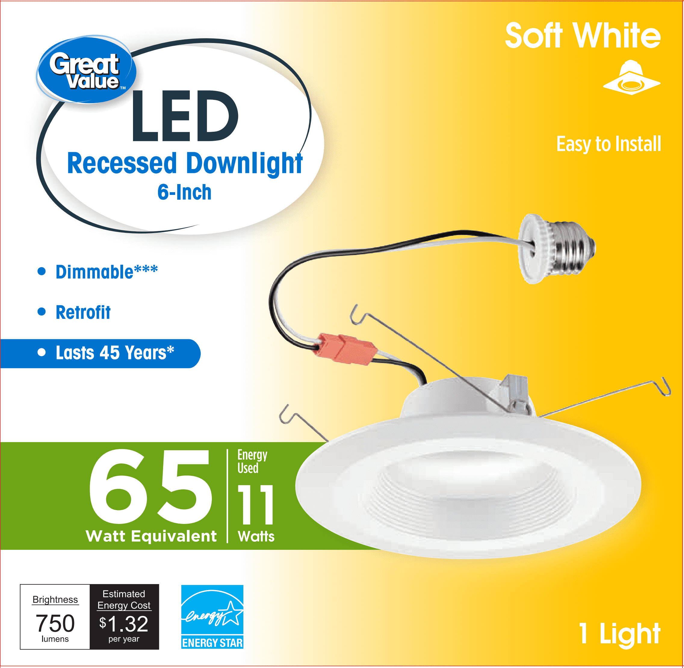 Great Value 65-Watt Equivalent Recessed Can Retrofit Down Light, fit for 5-in or 6-in cans, Soft White, White Finish, 1 Light