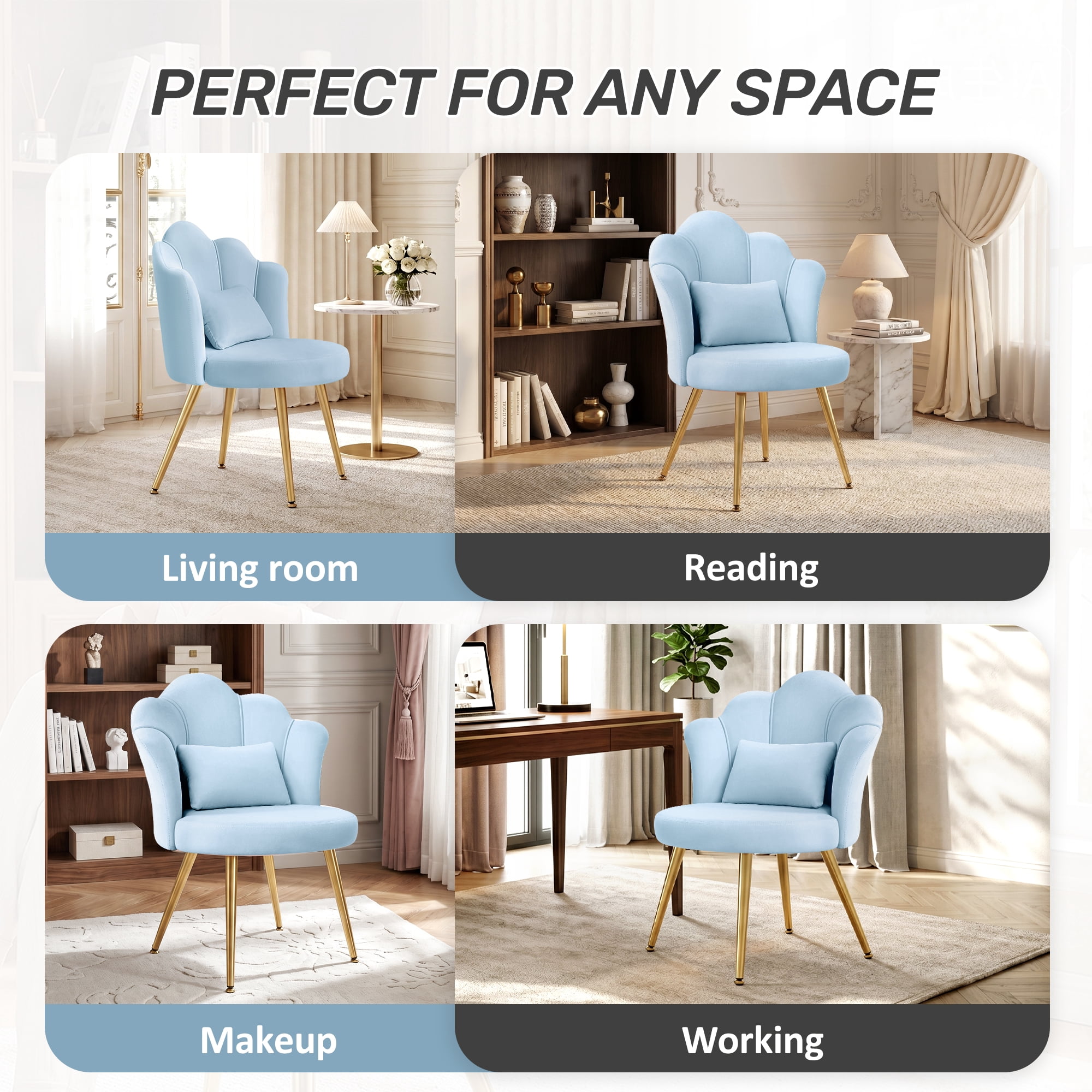 COOLHUT Petal Velvet Vanity Chair, Flower Cute Girls Mack Up Vanity Stool Chair with Lumber Pillow and Adustable Gold Legs, Upholstered Small Desk Chair for Living Room Bedroom Home Office, Blue