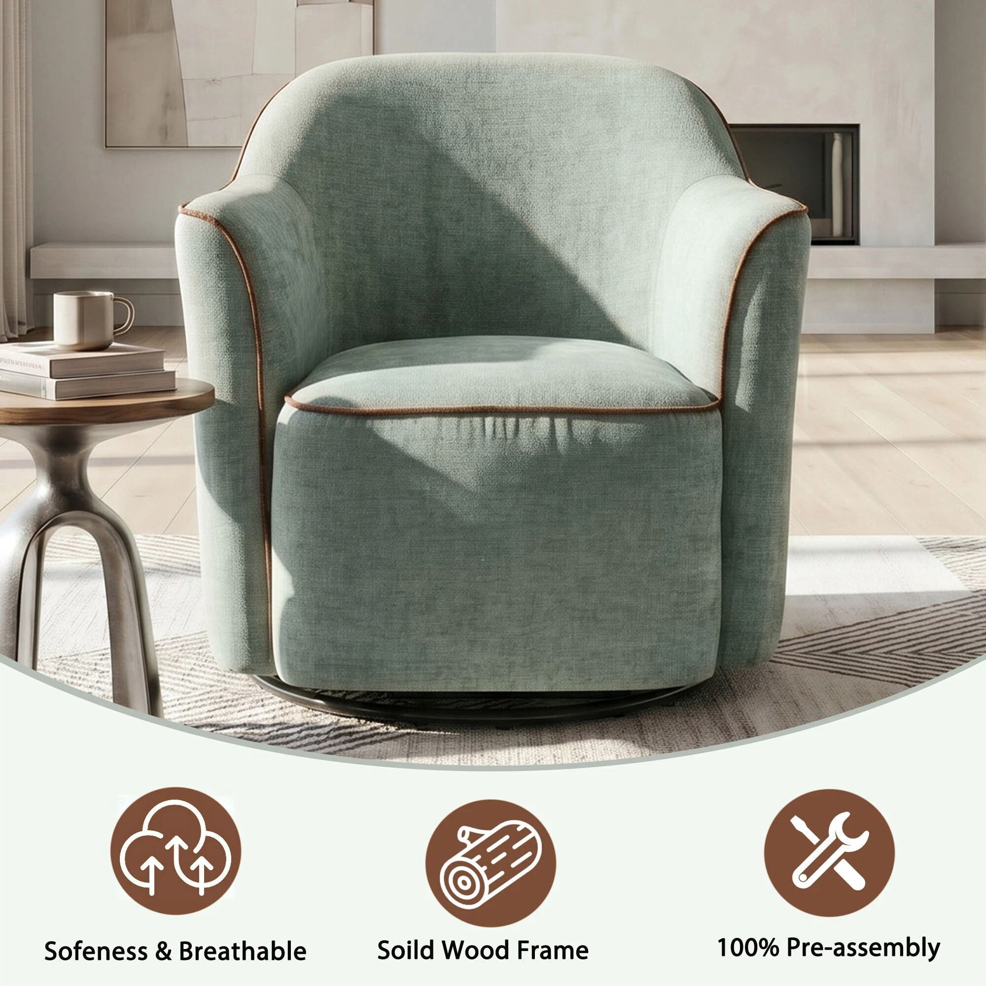 Euroco 360° Swivel Accent Chair, Chenille Upholstered Barrel Chair with Flared Arms, Modern Reading Armchair for Living Room, Bedroom and Office,Green
