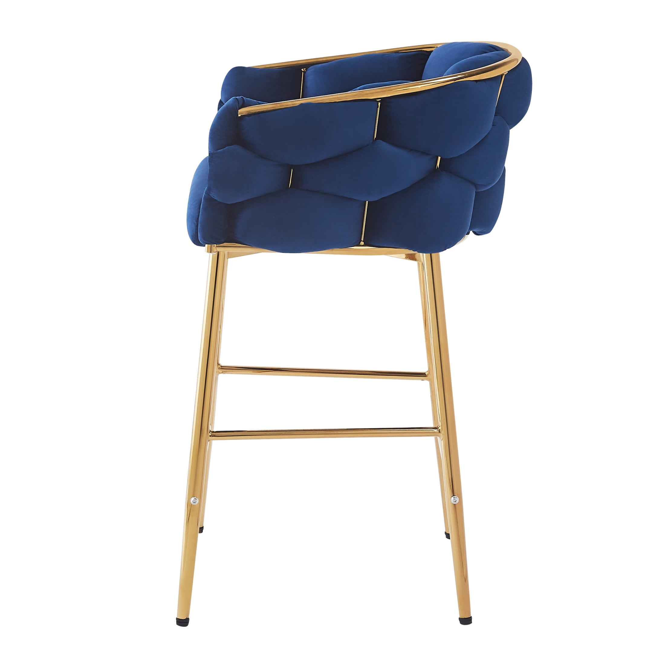 Nivora 28" Seat Height Modern Upholstered Flannelette Counter Stools, Metal Frame, Dark Blue + Gold, Set of 2
