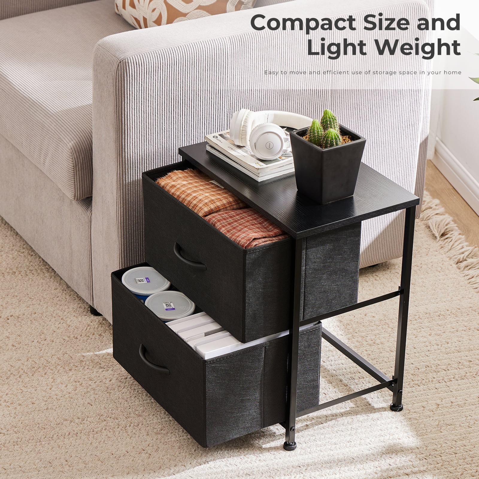 JOINSUN Nightstand Dressers with 2 Fabric Drawers, Small Chest Organizer with Fabric Bins for Bedroom, Black, Set of 2
