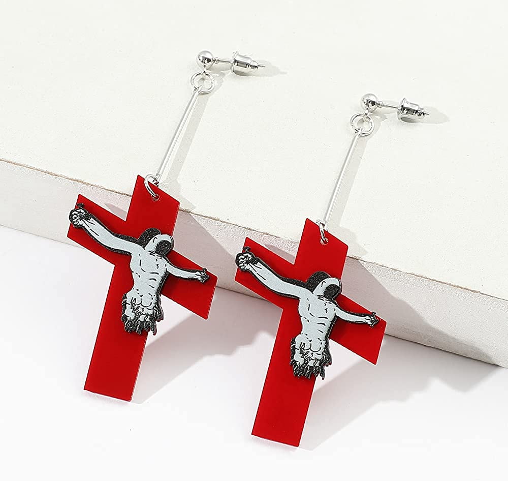 Chunky Cross Crucifix Earrings Silver Plated Hook Drop Dangle