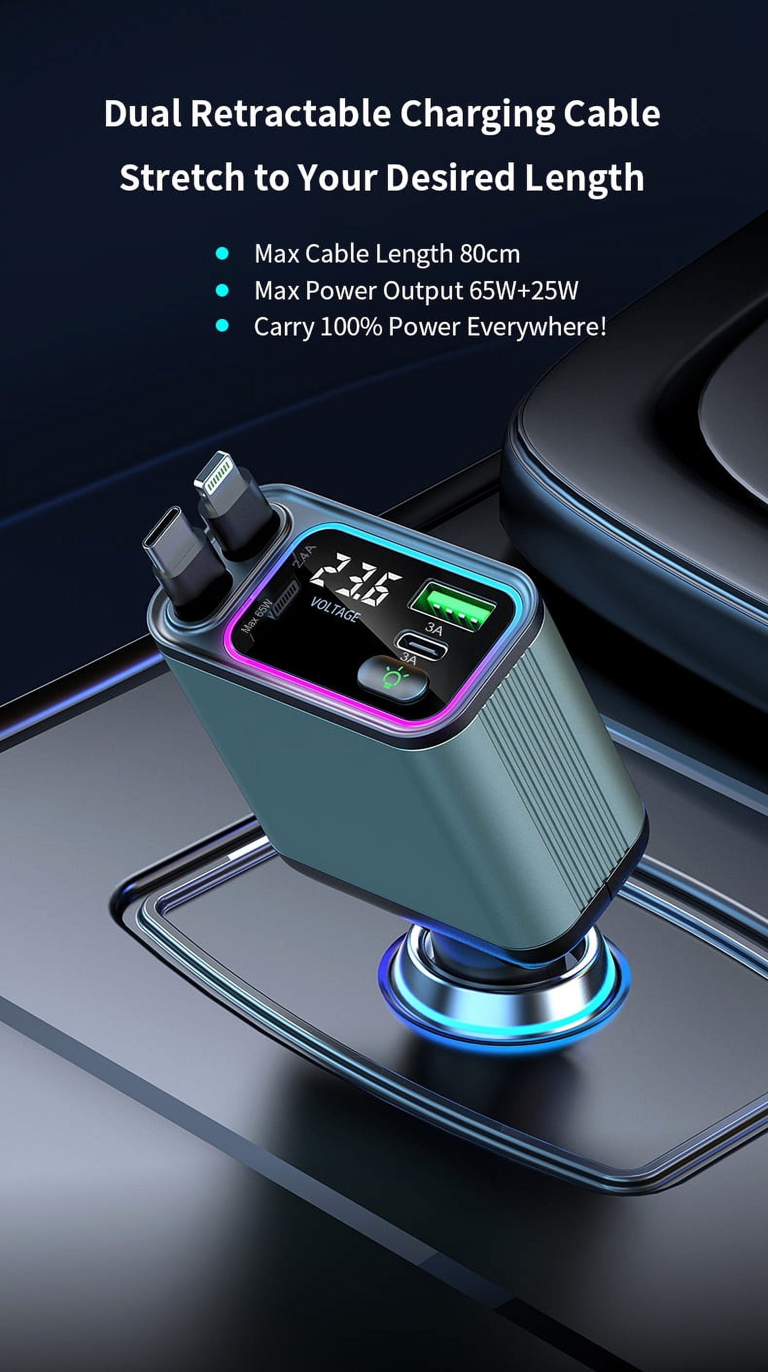 Aluminium Alloy Shell 4-in-1 Super Fast Charging Car Phone Charger with Retractable Cable