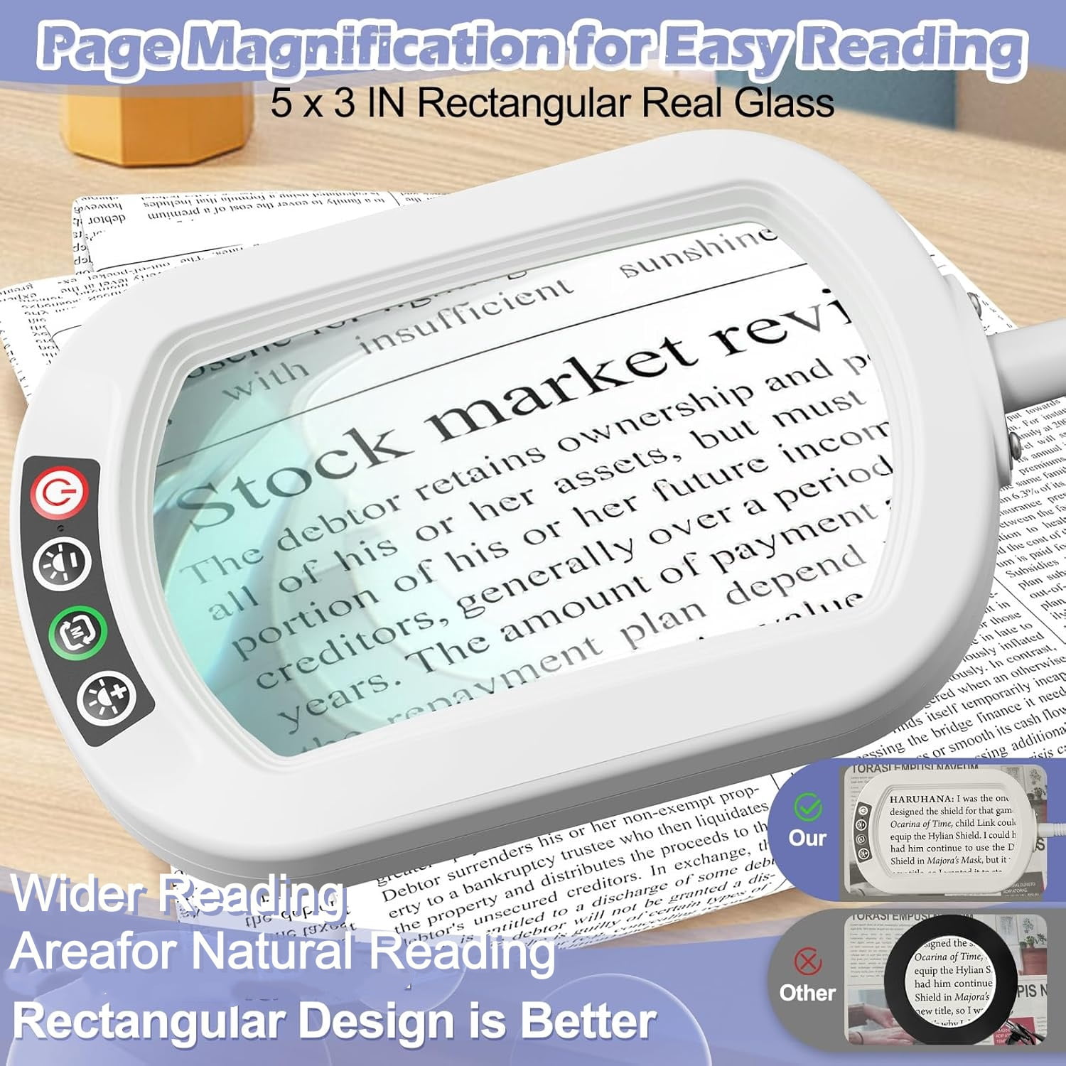 VISONHEART Rectangular Real Glass Magnifying Glass with Light and Stand, 24" Flexible Gooseneck Floor Lamp, 5 Color Modes Stepless Dimmable, 3-in-1 LED Lighted Magnifier Light for Reading Crafts