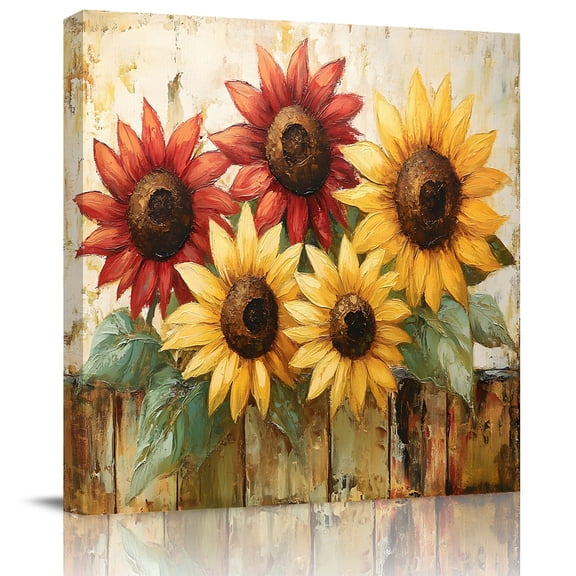 Retro Farmhouse Red Yellow Sunflower Canvas Artwork Painting Art, Vintage Rustic Wood Floral Square Framed Wall Decorations Prints Picture for Bedroom Kitchen Living Room, 8x8 in