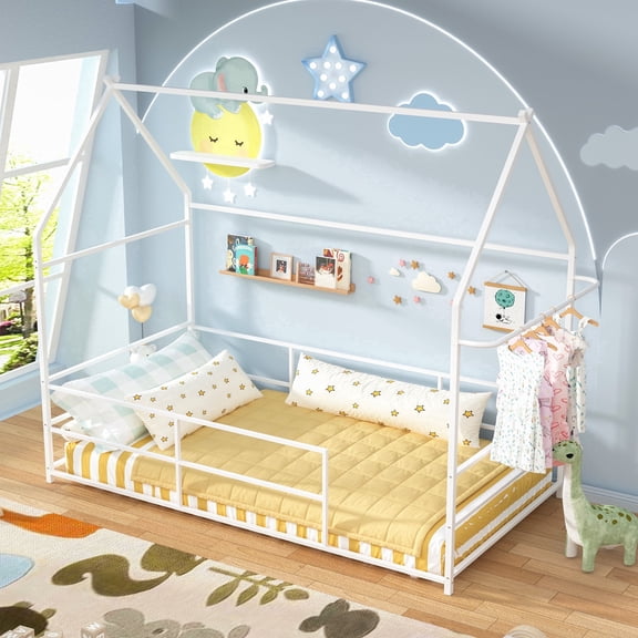 Joywind Twin Montessori Floor House Bed with Headboard, Footboard, Guardrails & Hanging Bar for Kids, Metal Bed Frame
