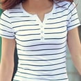 thumbnail image 2 of Women Striped T Shirt Button V Neck Top Cotton Slim Basic Short Sleeve Tees Cotton Slim Basic Top, 2 of 4