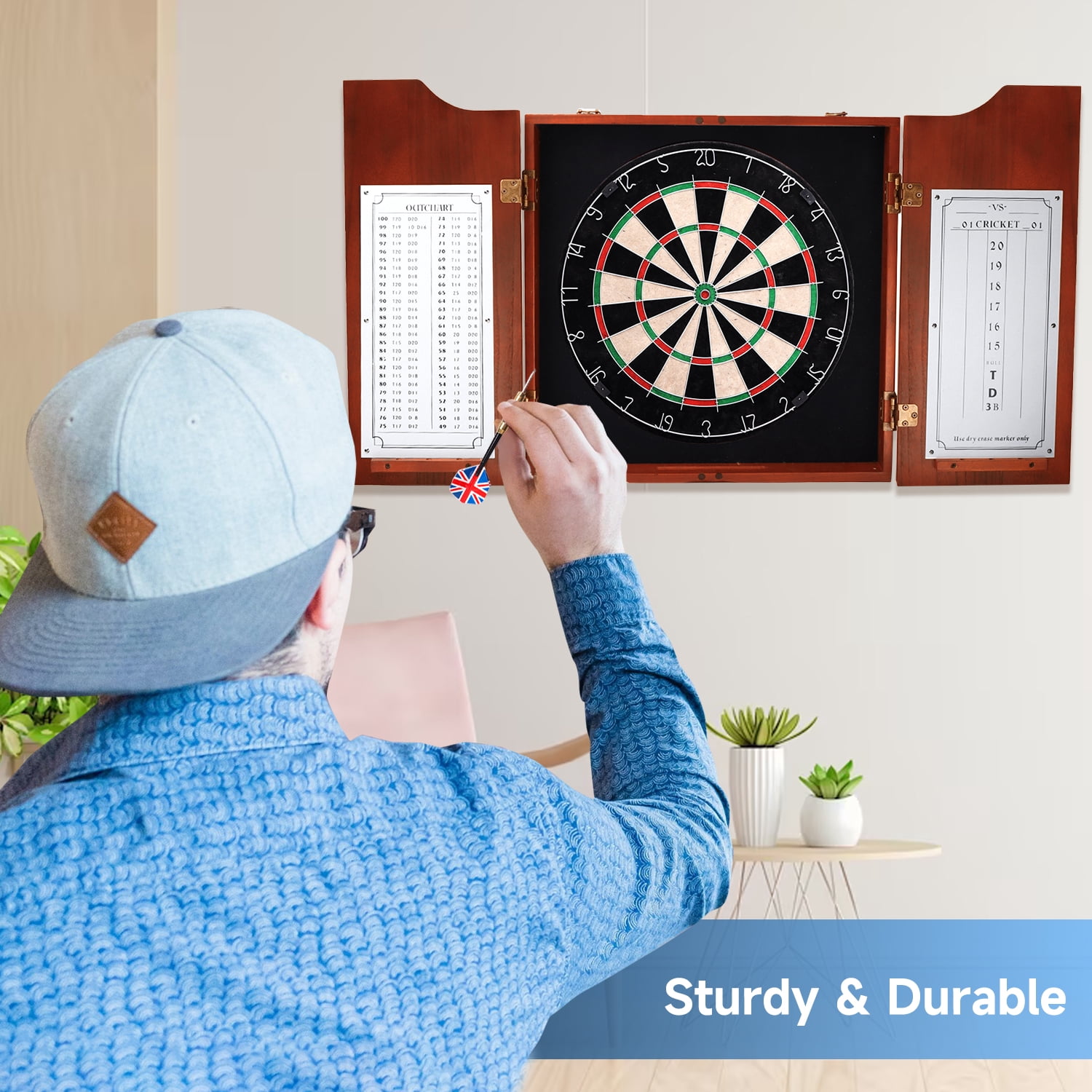 GSE Games & Sports Expert Solid Wood Dartboard Cabinet Set with Sisal Fiber Dartboard, Dart Scoreboard and 6 Steel Tip Darts for Target Game Indoor Game (Mahogany)