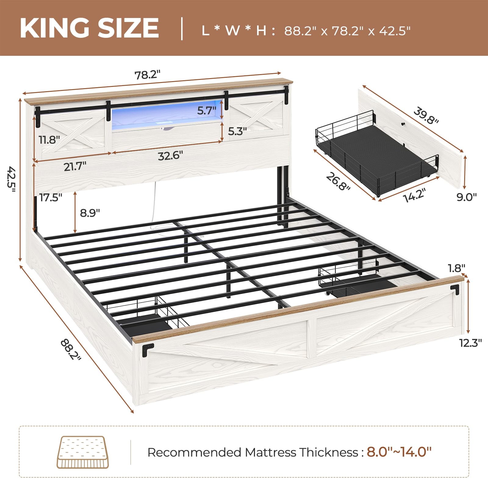 King Size Bed Frame with LED Lights and Charging Station, Farmhouse Storage Bed Frame with Headboard and Drawers, No Box Spring Needed, White