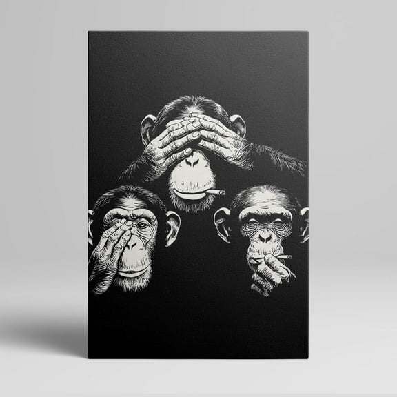 1pc Trendy Black - and - White Three Chimpanzees Canvas Wall Art with One Smoking and Others in Classic "See No Evil, Hear No Evil" Poses, Framed Decor room hanging Wall Picture Decor for Home Gifts,