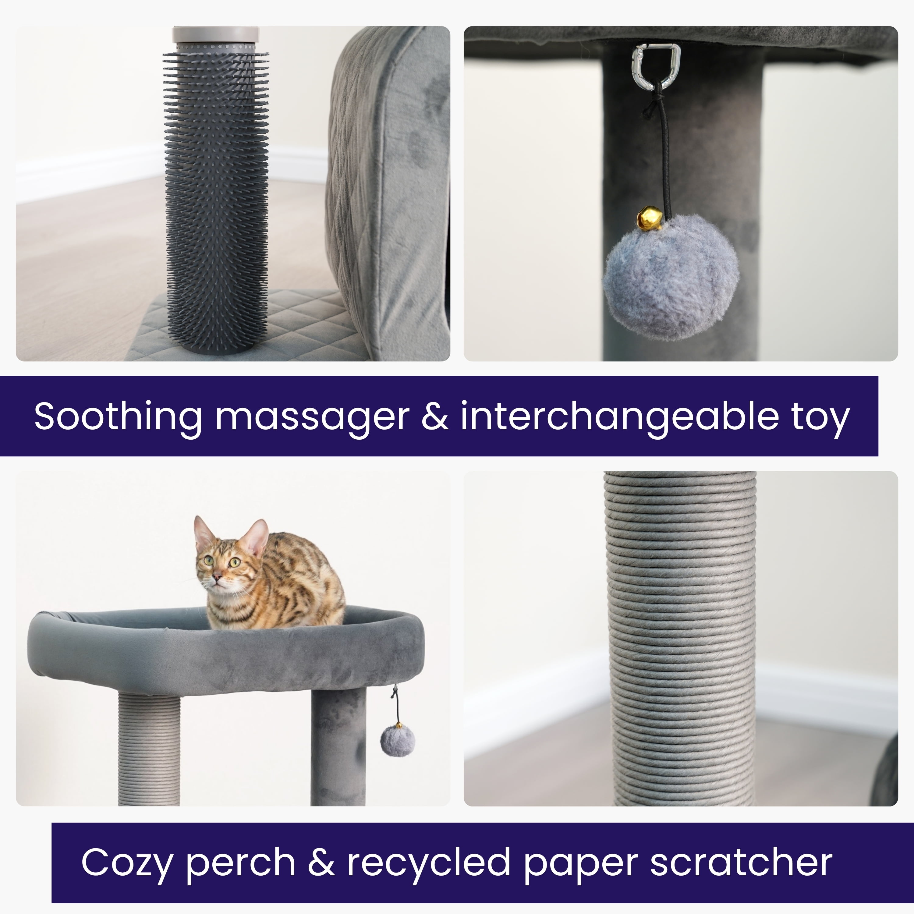 Catry Modern Medium Cat Tree with Large Base Condo, Top Bed, Scratching Post, Self Grooming Brush