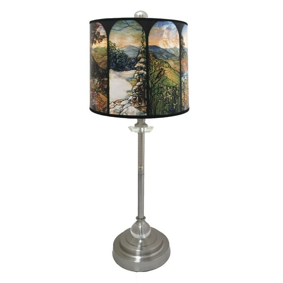 Royal Designs 28" Crystal and Brushed Nickel Buffet Lamp with Four Seasons Stained Glass Design Hard Back Lamp Shade