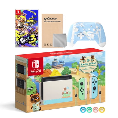 Nintendo Switch Animal Crossing Limited Edition 32GB Console Bundle with Splatoon 3 Game, Mytrix Bamboo Blue Wireless Pro Controller and Accessories