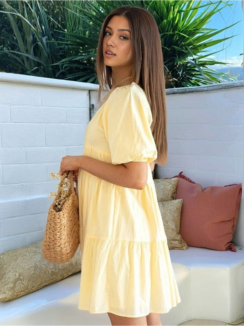 Womens Puff Short Sleeve Mini Dress Flowy Y2k Ruffle Lace Trim Babydoll Tie Front Embroidered A Line Dresses Yellow S - Walmart.com Womens Puff Short Sleeve Mini Dress Flowy Y2k Ruffle Lace Trim Babydoll Tie Front Embroidered A Line Dresses Yellow S - Walmart.com