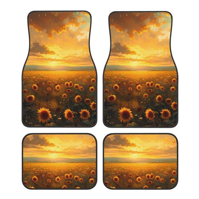 Kdxio Tapis de Sol de Voiture Imprimé Tournesol Coucher de Soleil Pluie Universel SUV avant Arrière Ensemble Complet 4 Pcs avec Dos en Caoutchouc Antidérapant Accessoires de Voiture pour la Plupart des Voitures