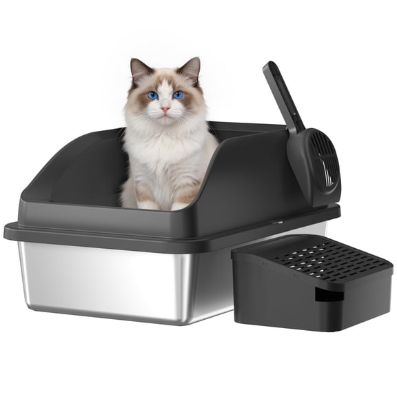 Euqvunn Stainless Steel Litter Box, XL Extra Large Litter Box for Big Cats, Metal Litter Boxs for with Lid High Sides, Anti-Urine Leakage, Non-Sticky, Easy to Clean, Scoop Included