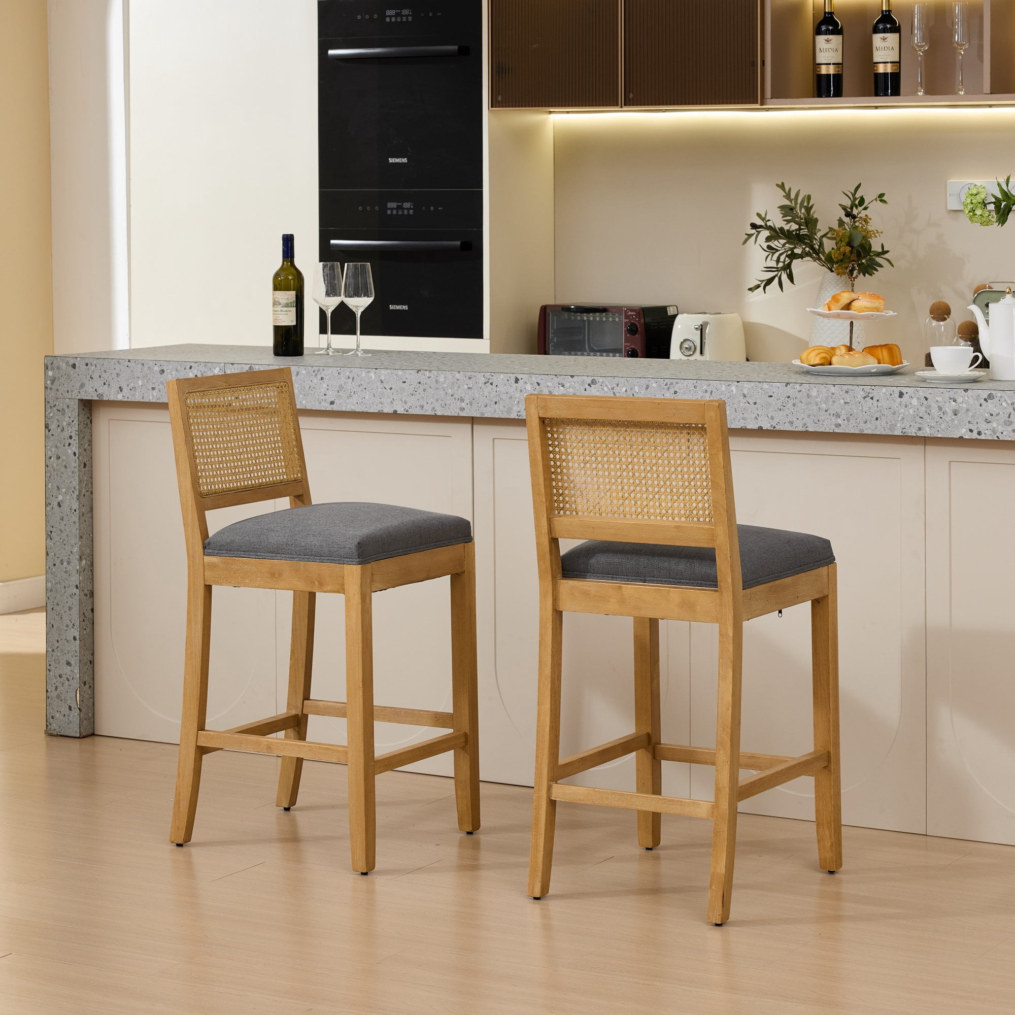 Set of 4 Solid Wood Rattan-Back Bar Stool, Matte Linen Cushion with High-Resilience Foam & S-Springs, Ideal for Rustic/Natural Style Kitchen Island, Low Bar in Dining Room & Café