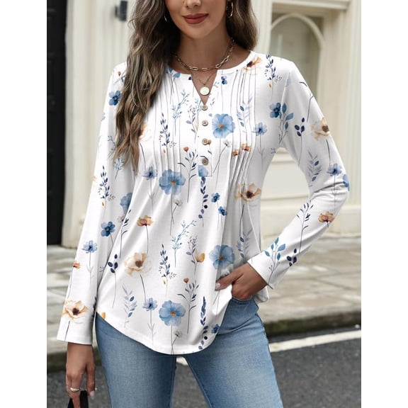 Zeagoo Long Sleeve Shirts for Women V Neck Henley Tops Pleated Button Casual Dressy Blouses Fashion Tunic Outfits