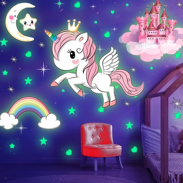 Estrellas Que Brillan En La Oscuridad, Juegos De Unicornios Brillantes Con Castillo, Luna Y Arco Iris, Calcomanías De Pared Para Niños, Ropa De Cama, Ideal Para Regalo De Cumpleaños, Pegatinas Murales