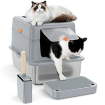 AMONSEE Stainless Steel Litter Box with Lid,Enclosed Large Cat Litter Box with Poop Scooper and Footboard