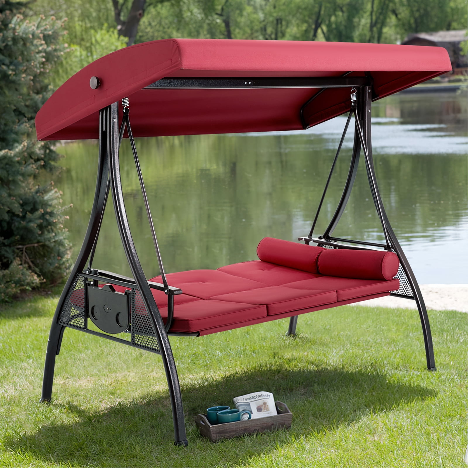 Red porch swing online with canopy