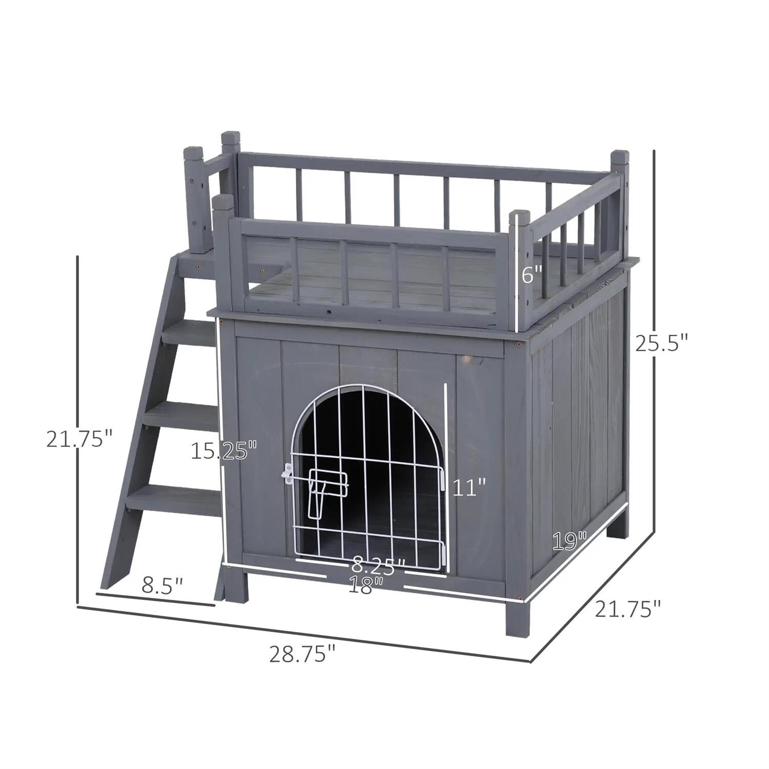 Pefilos Outdoor Weatherproof Cat House with Lockable Wire Door and Balcony, 2-Level Outside Shelter for Cats and Small Animals, Gray
