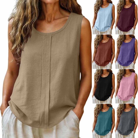 Women's Tank Tops Round Neck Fashionable Summer Linen Solid Color Sleeveless with Pleats Yoga Training Top