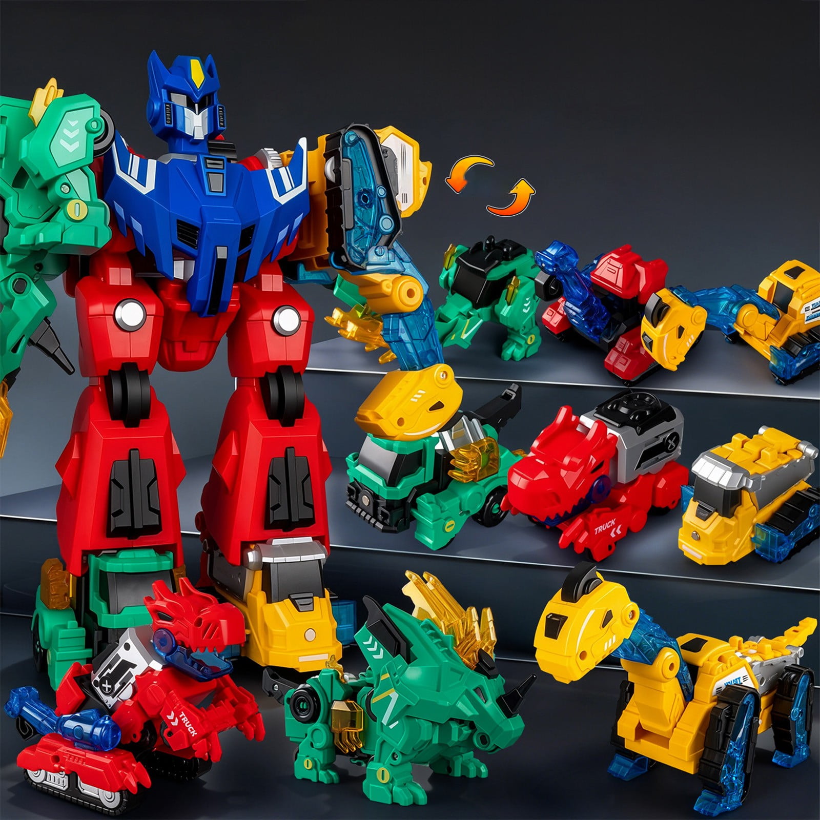 Rourlinge 6 in 1 Transforming Robot Toy Dinosaur Construction Vehicle Set Convertible Cars Assembly Kit for Action Figure Play Gift
