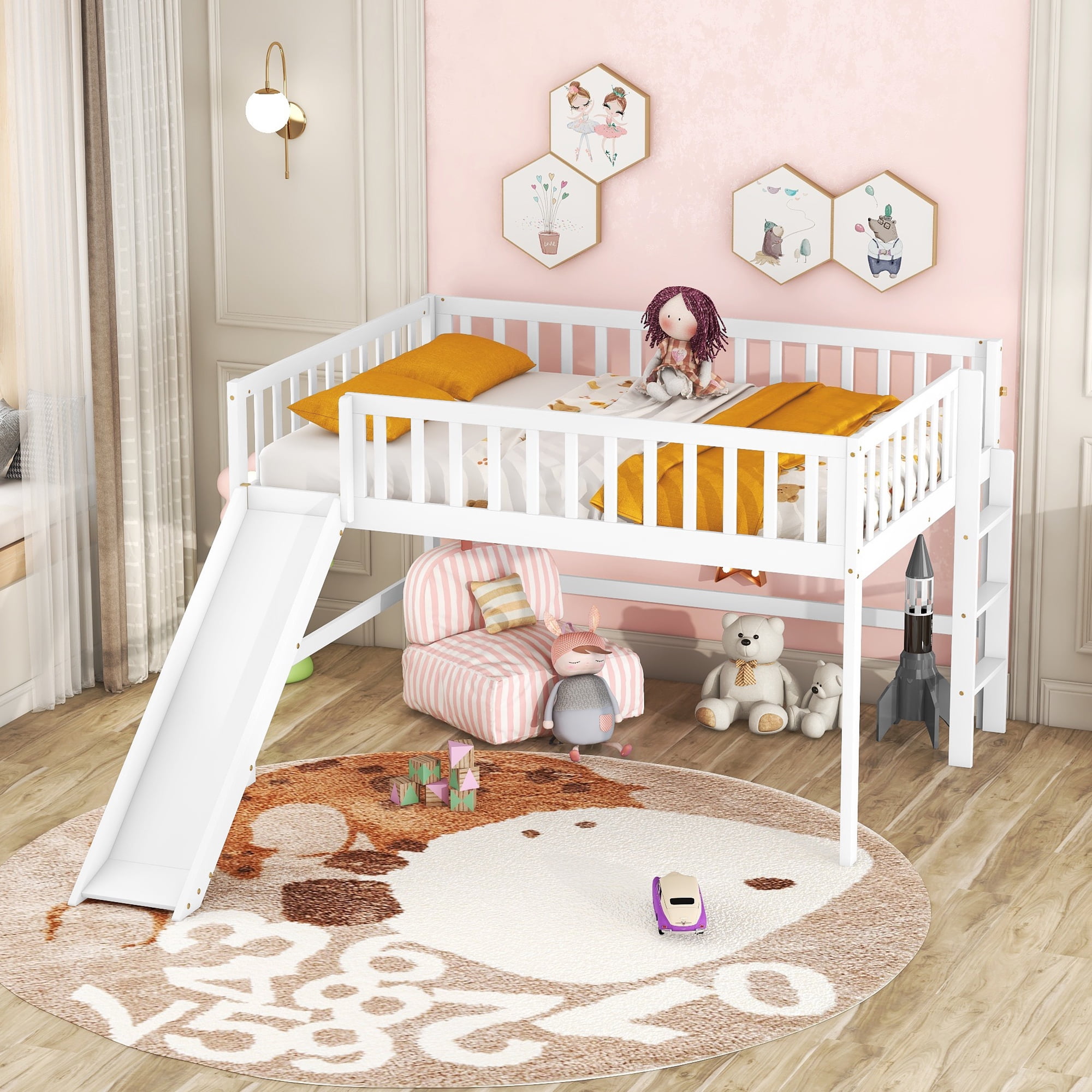 Euroco Wood Full Size Loft Bed, Low Profile Bed with Vertical Ladder and Slide for Kids Teens, White