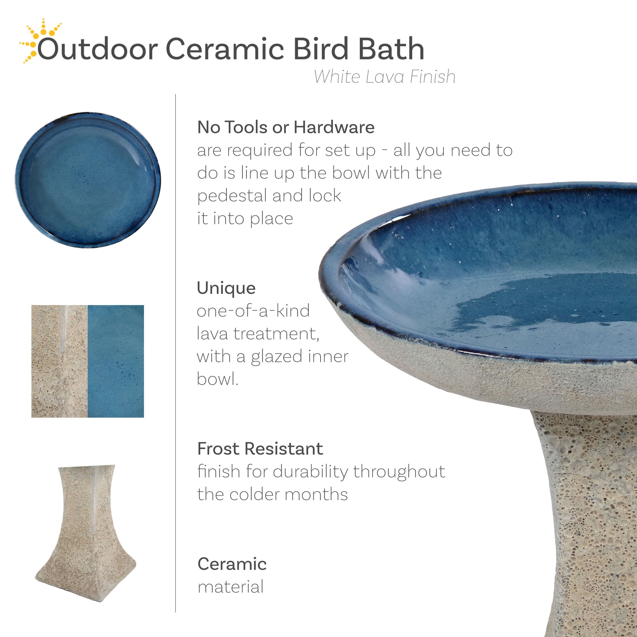 Sunnydaze Nantes Freestanding Ceramic Outdoor Bird Bath, UV-Resistant White Lava Finish