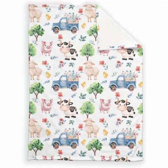 Soft & Cozy Farm Animal Flannel Youngsters Blanket - Adorable Pig, Cow, Sheep, Chicken Design with Blue Tractor & Flowers - Perfect Nursery Gift for Boys & Girls