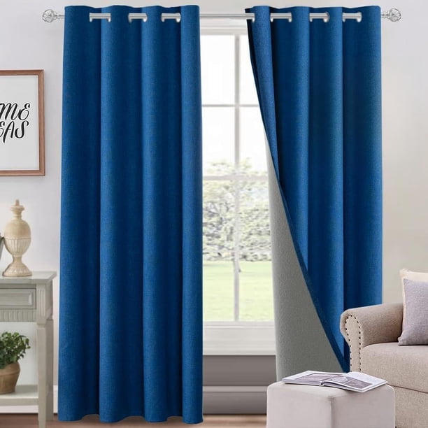 Lino Cortinas Blackout con Aislamiento Térmico, 100% Blackout y Ojal Superior Cortina para Recámara y Ventana de Sala, Capa Trasera de Revestimiento Gris, 2 Paneles, 140 x 275 cm, Azul