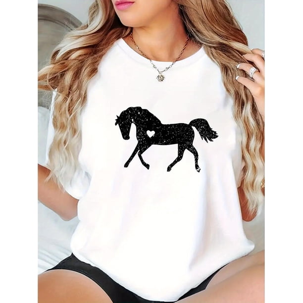 Women's Casual Horse Pattern T-Shirt with Heart Detail, Polyester Knit Fabric, All-Season Comfort, Round Neck, Animal Print, Medium Stretch - Fashionable Short Sleeve Top